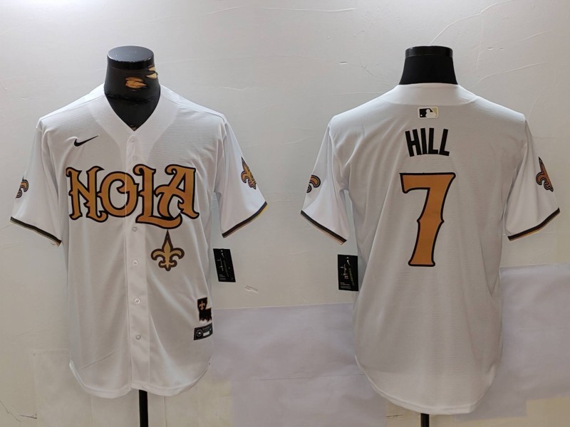 Men New Orleans Saints 7 Hill White Second generation Joint Name 2024 Nike Limited NFL Jersey style 2